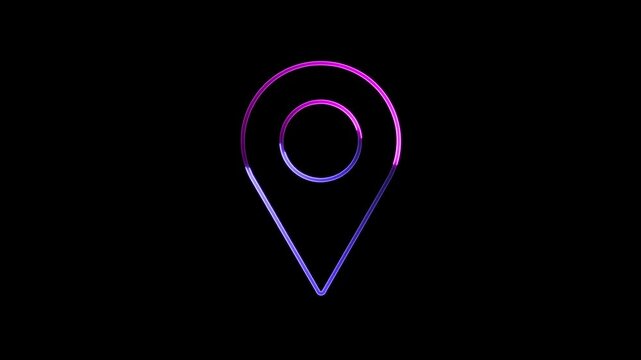 Abstract neon sing fast traccing location icon animation ,on black background.