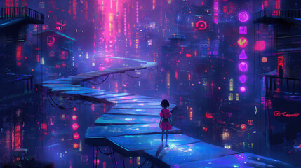 A futuristic digital landscape with a glowing path of footprints made of binary code and digital symbols