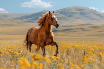 Fototapeta premium A Przewalski's horse galloping across the Mongolian steppe, its stocky build and sandy-colored coat standing out against the rugged terrain. 