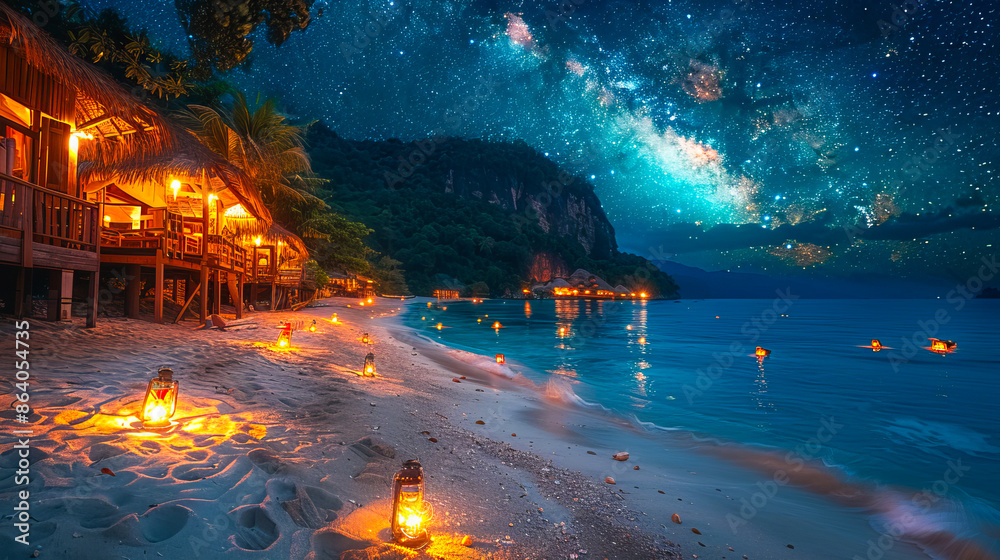 Wall mural Tropical beach illuminated by lanterns under a starry sky