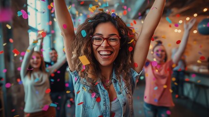 Woman Celebrating with Friends and Confetti