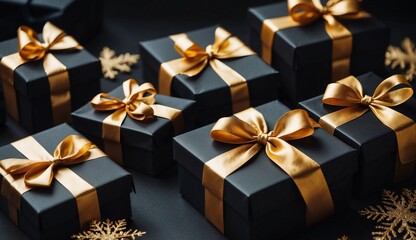 Luxurious black gift boxes with golden ribbon bows.