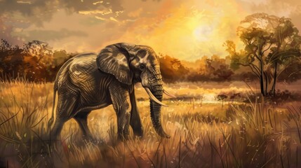 Fototapeta premium African Elephant in a Golden Savannah