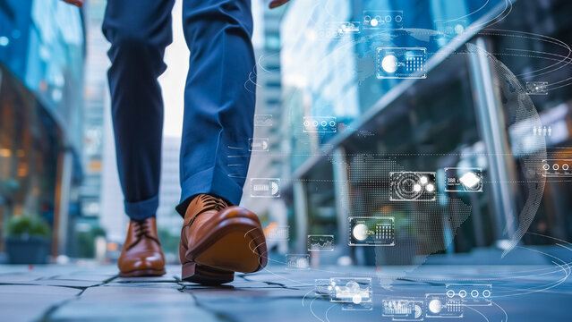 Close-up of professional carrier on a digital city sidewalk