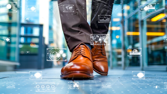 Close-up of professional carrier on a digital city sidewalk