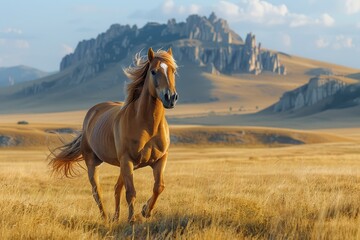 A Przewalski's horse galloping across the Mongolian steppe, its stocky build and sandy-colored coat standing out against the rugged terrain. 