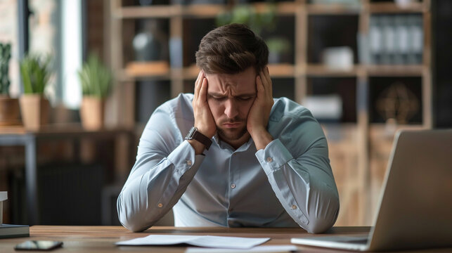 Monday Blues A White Collar Employee In Stress Exhausted Headache in the office