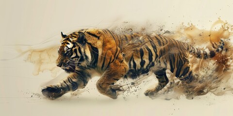 Obraz premium Tiger in a dynamic watercolor painting.