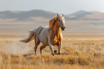 Fototapeta premium A Przewalski's horse galloping across the Mongolian steppe, its stocky build and sandy-colored coat standing out against the rugged terrain. 