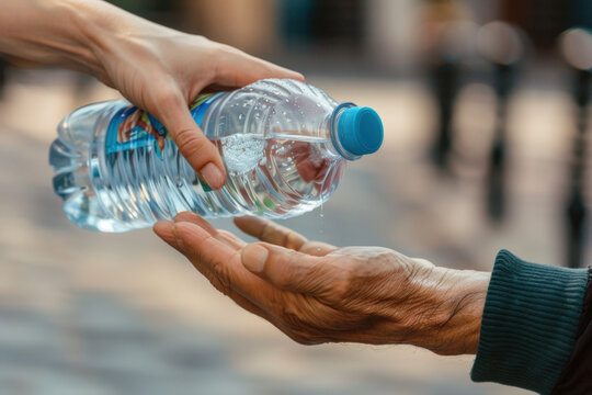 Volunteer offers water to a grateful senior on a hot day, showing kindness and support in the city streets. This image highlights empathy and connection in times of need