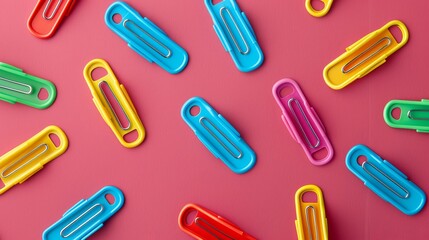 Lively colored paper clips in bright red, blue, green, yellow, and purple, dynamic and energetic background, vibrant and playful