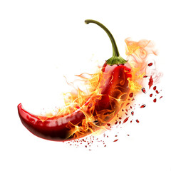 Hot red chili pepper on fire isolated on a transparent background