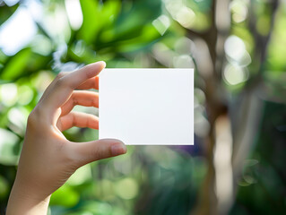 Close-up of a hand holding a blank white card with a blurred green natural background. Ideal for presentations, mock-ups, or advertising.