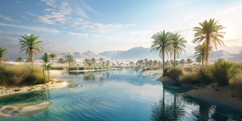 Amazing oasis in the middle of the desert with palm trees and mountains in the background