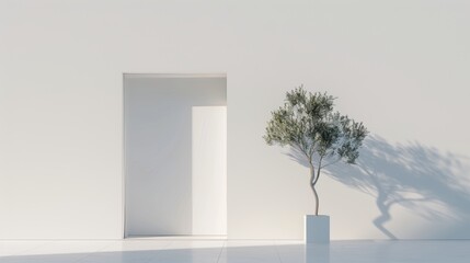 Obraz premium Minimalist composition featuring a slightly ajar door and a prominent tree, clean and simple lines, serene atmosphere, soft lighting