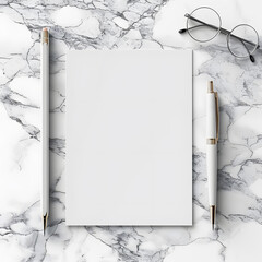 Minimalist flatlay of a blank notebook, pens, and glasses on a marble background, perfect for office or school stationery concepts.