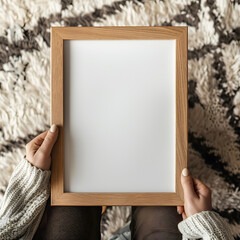 Person holding a blank wooden picture frame over a cozy patterned rug background, ready for customization or display.
