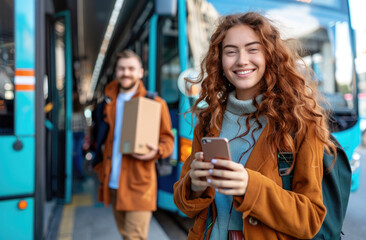 Young woman with mobile phone and coffee cup in hand, walking towards city bus at the station while smiling man holding digital tablet is waiting for her on background. City life concept