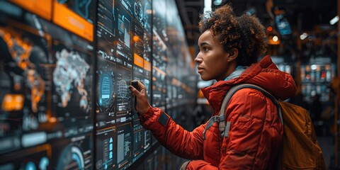 Woman Interacting with Digital Interface in High-Tech Environment