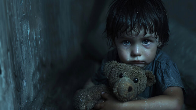 Crying child holding a teddy bear, sitting alone in a dark room