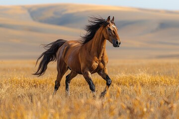 A Przewalski's horse galloping across the Mongolian steppe, its stocky build and sandy-colored coat standing out against the rugged terrain. 