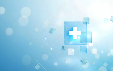 Obraz premium Abstract blue medical background with cross symbol and digital geometric elements, ideal for healthcare and technology themes.