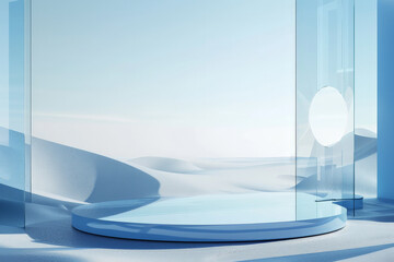 A 3D render of a round platform on water and sand, framed by glass wall panels in a minimal landscape. The blue color scheme creates a serene and geometric backdrop, providing ample empty space for