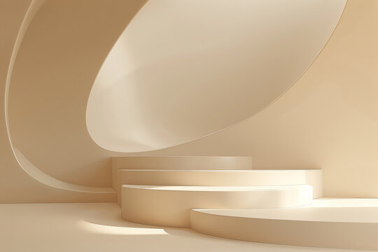A 3D render of an abstract minimal style background with smooth surfaces and neutral tones. The empty space is ideal for product branding and mockups, offering a sophisticated and contemporary