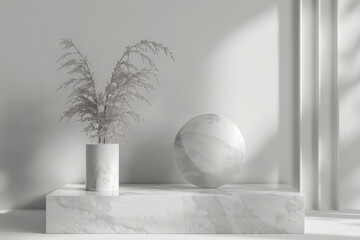 A 3D rendering of geometric forms with a minimalist white marble podium display. The blank pedestal offers a modern and sophisticated scene, perfect for showcasing products or creating mockups with an