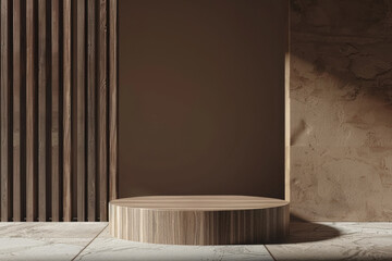 A contemporary 3D display podium with a wood frame pedestal, standing against a brown background. The combination of natural wood textures and the rich brown backdrop creates a chic and inviting