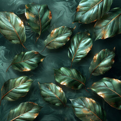 Obraz premium Luxurious Dark Green Background with Gold Leaves. Luxury, Elegant and Aesthetic Design