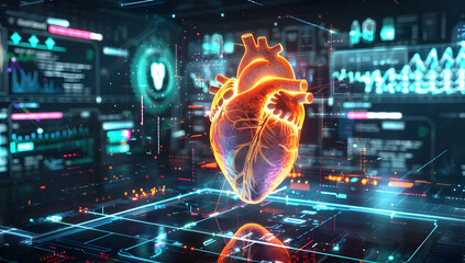 Obraz premium Futuristic medical technology interface displaying a 3D heart hologram for advanced healthcare solutions and diagnostics.