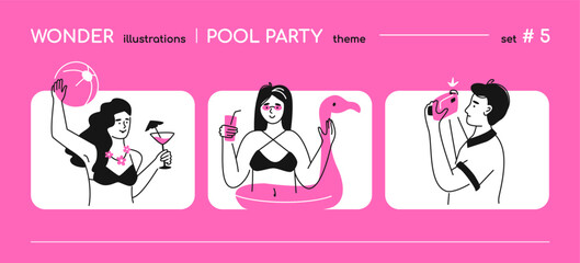 Summer pool party - line design style illustration with copy space for text. Composition with girl with a beach ball and a cocktail, guy with a camera, flamingo lifebuoy. Holidays and fun idea