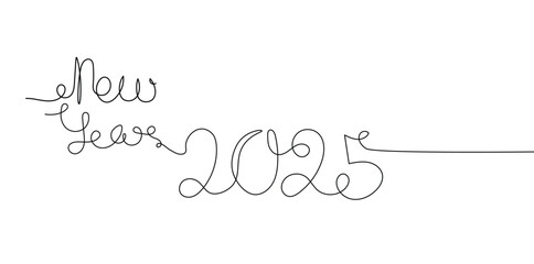 Continuous one line doodle drawing of new year 2025. Holiday concept, festive New year handwriting text, minimalist design. Editable stroke.