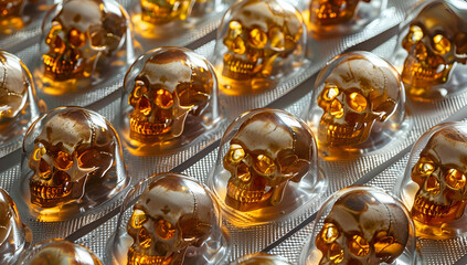 Orange skull-shaped capsules in blister packaging. Close-up view highlighting the intricate details and the unique design.