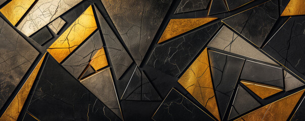 Abstract geometric background featuring fragmented shapes and bold lines in a black and gold palette. The high contrast and metallic accents create a striking and luxurious aesthetic.