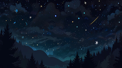 Naklejka premium Illustration a night sky background as if it were painted with gouache, with deep, rich blues and twinkling stars that shimmer like tiny brushstrokes
