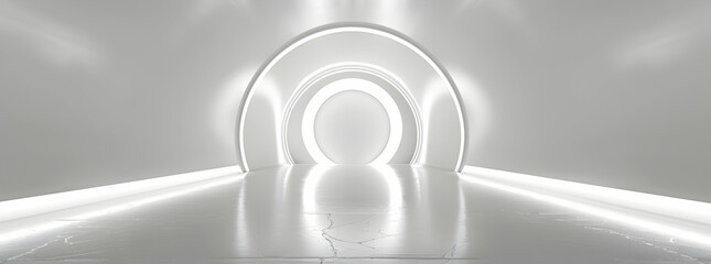 3d render of white tunnel with glowing light ring on the wall. White background for product...