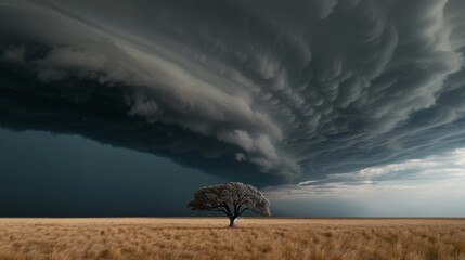 Obraz premium Imposing cloud over a savannah field with a massive tree, storm brewing on the horizon, dark and moody sky, cinematic atmosphere