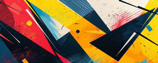 Abstract geometric background showcasing fragmented lines and shapes in bold primary colors. The vibrant design and sharp angles add a playful and energetic touch.