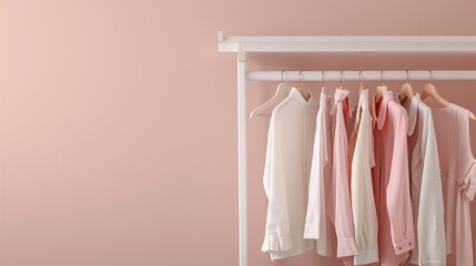 A close-up image of five neutral-colored clothing items hanging on a white garment rack