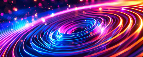 Abstract geometric background with concentric circles and radiating lines in neon colors. The vibrant and glowing elements evoke a sense of excitement and energy, ideal for a dynamic and modern look.