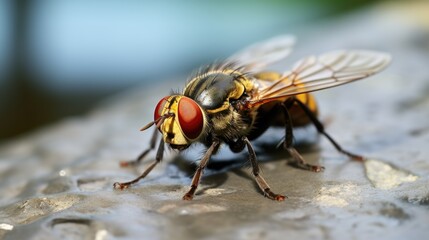 Closeup of bee insect fly, rests on rock.
