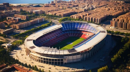 Stadium built a the ancient ruins of a mystical temple adding a historical and cultural element to sports events. sunset drone shot