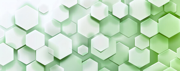 Fototapeta premium Abstract hexagon geometry background in shades of green and white. The hexagons have a smooth, polished finish, with subtle gradients and shadows. The design is fresh and clean, perfect for a