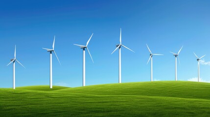 Fototapeta premium A wide shot of a field with multiple wind turbines generating clean energy on a sunny day with blue skies and white clouds