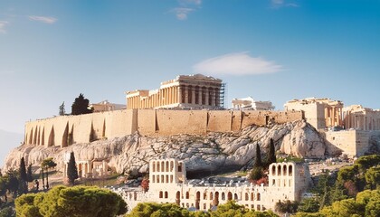 Obraz premium Portray the historical charm of the Acropolis in Athens, Greece, against a clear blue sky.