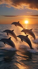  A group of dolphins leapt out of the water against the backdrop of a stunning sunset.

