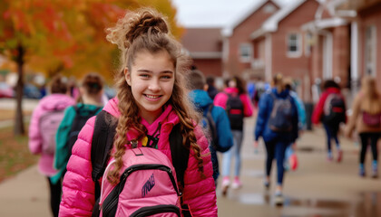 Fototapeta premium High Resolution Image of Happy Students Walking to School with Backpacks in Cheerful Morning Schoolyard, Perfect for Educational and Back to School Content