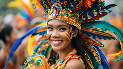 Group of friends in traditional costumes dancing joyfully at the Batabano Carnival